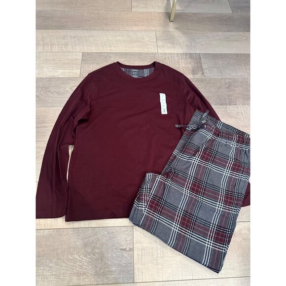 SONOMA MENS 2 PIECE PAJAMA SET RED GRAY PLAID NEW LARGE - Picture 1 of 13